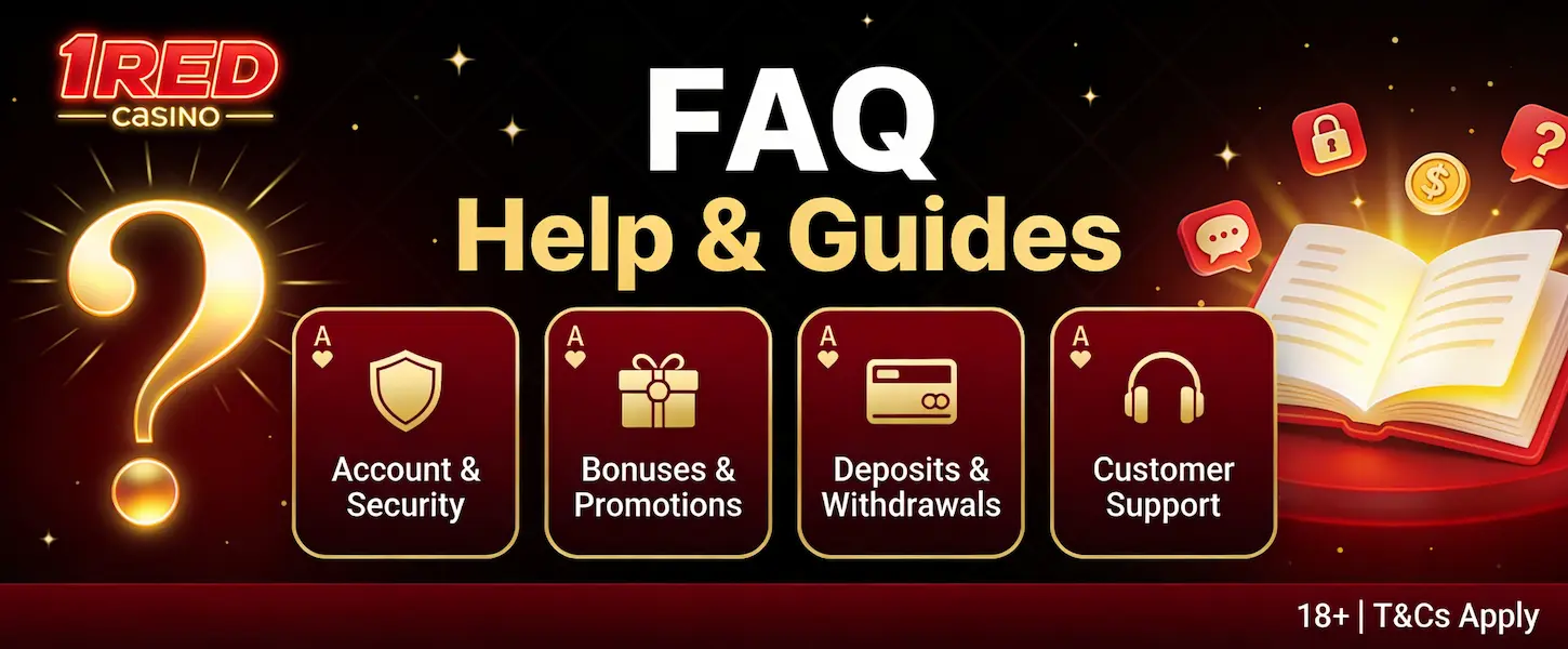 1Red Casino UK FAQ section covering bonuses, deposits, account security and customer support guides.