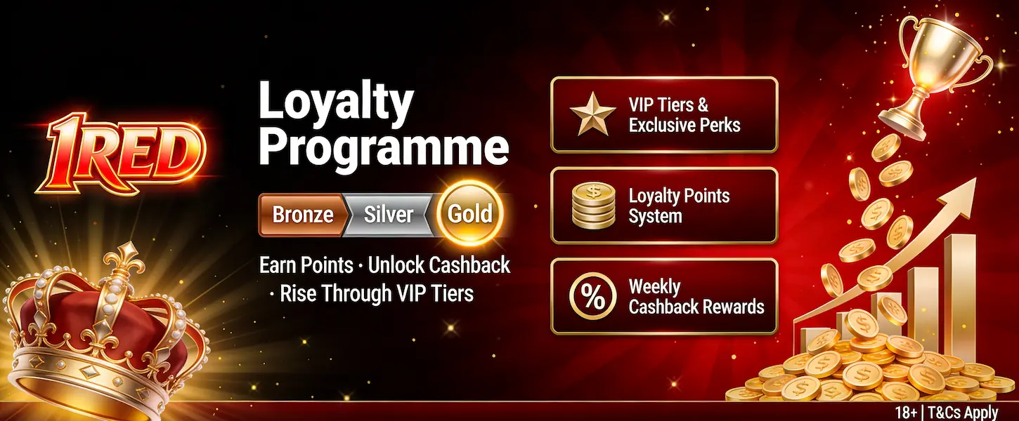 1Red Casino loyalty programme with VIP tiers, points system and weekly cashback rewards for UK players.