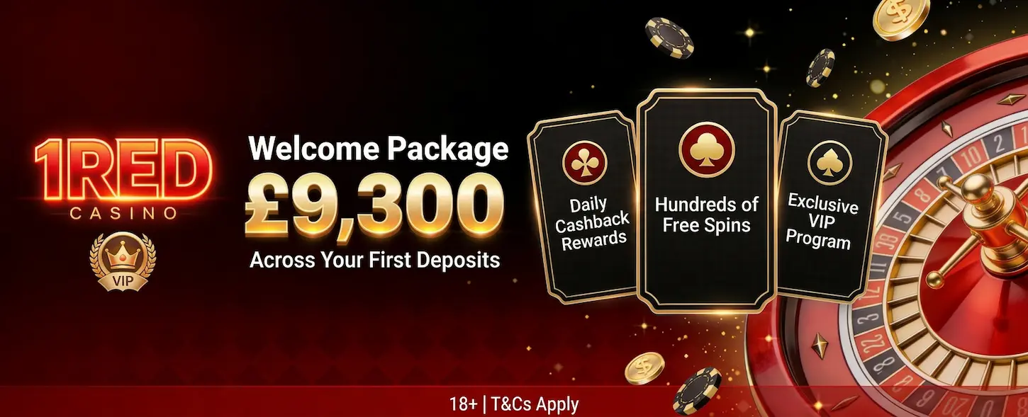 1Red Casino UK welcome package offering £9,300 bonus, daily cashback rewards and exclusive VIP program.